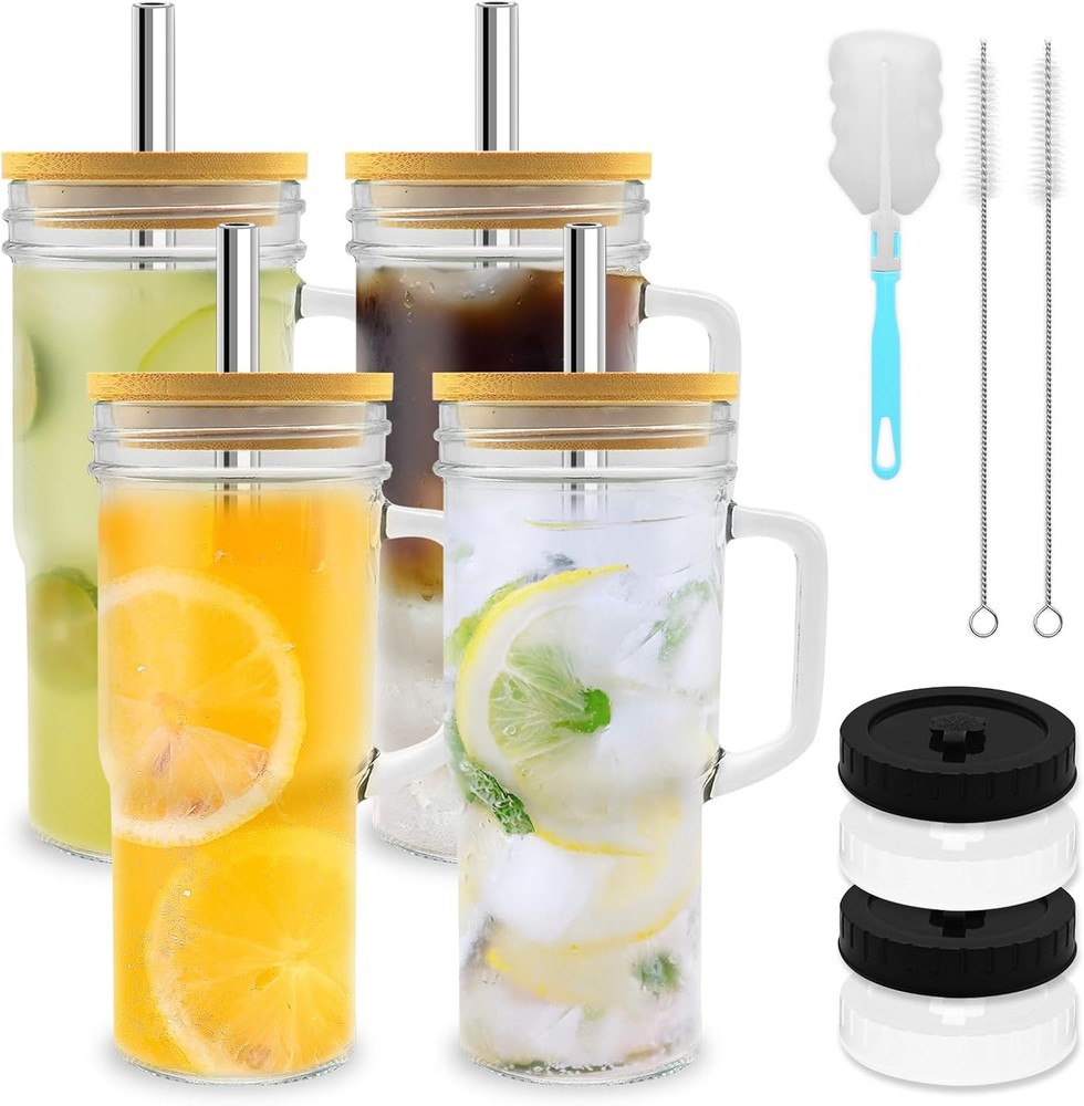 24oz Transparent Glass Mason Jar Cup with Lid and Straw