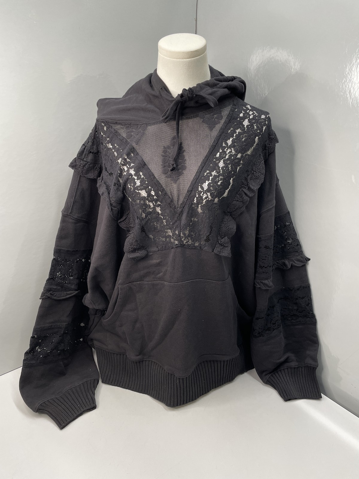 Free People Movement Womens Hoodie Black Size L Studio Tunic Lace Detail Cotton
