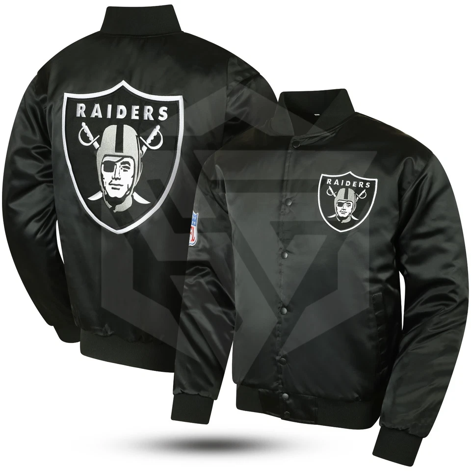 SILKZONE NFL Oakland Raiders Black Varsity Jacket Back Patch Vintage Style Bomber Jacket