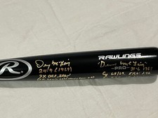 Denny McLain AUTOGRAPH STAT Bat With 18 Inscriptions Detroit Tigers Gold