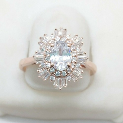 Halo-Verlobungsring 7 x 5 mm Ovalschliff simulierter Diamant 14 K Rotvergoldet - Bild 2 von 12