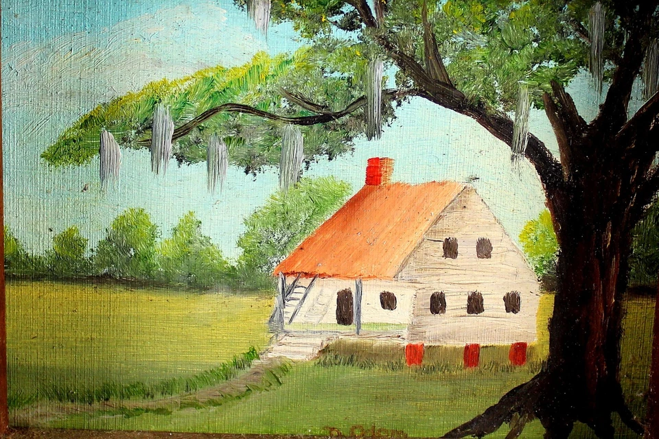 Original Am Framed Folk Art Primitive Painting signed D. Odem Farm - Image 2 of 4