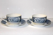 CURRIER & IVES BLUE BY ROYAL CHINA 2 FLAT TEA CUPS AND SAUCERS MADE IN USA