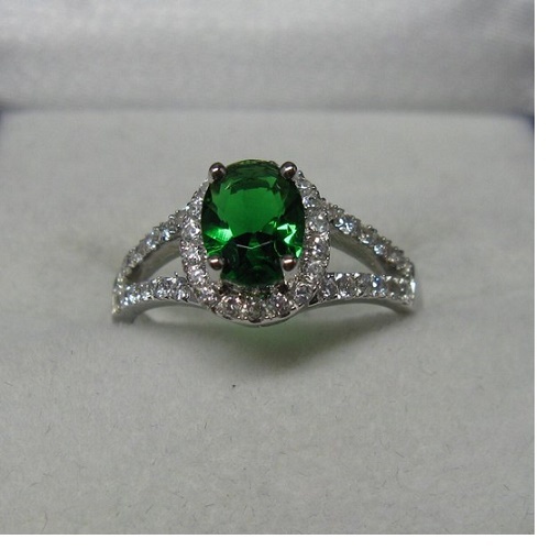 Bague Argent 925 Rhodiée émeraude Et Cz Pavée - Taille 56, Dolly-Bijoux