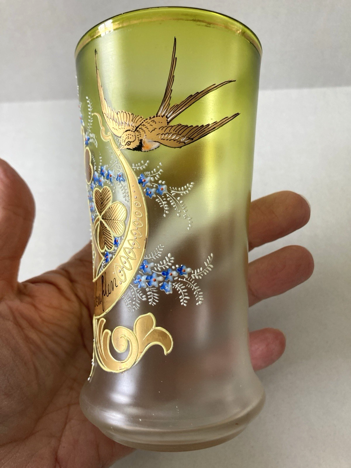 STUNNING Antique German Enameled Glass Beaker, 19th/20th Century BIRDS & CLOVERS