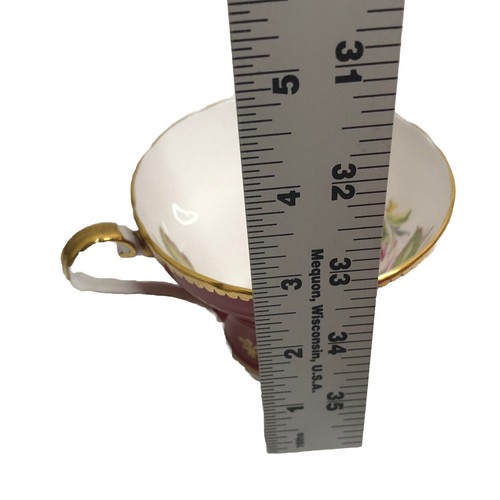 Aynsley Cabbage Rose Tea Cup & Saucer Fleur De Lis Burgundy Red Gold Gilt Trim - Picture 12 of 13