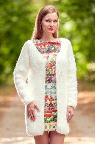 Elegant long white cardigan hand knit 