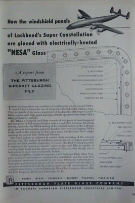3/1954 PUB PITTSBURGH TELLER GLAS SUPER CONSTELLATION COCKPIT NESA GLAS ANZEIGE