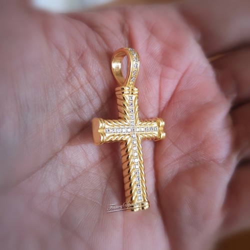 14K Yellow Gold Finish Simulated Diamond Women's Men's Cross Pendant Necklace - Picture 14 of 16