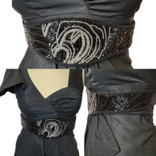 Vintage Beaded Statement Belt 80s does Art Deco Ornate Black tie made in Macau