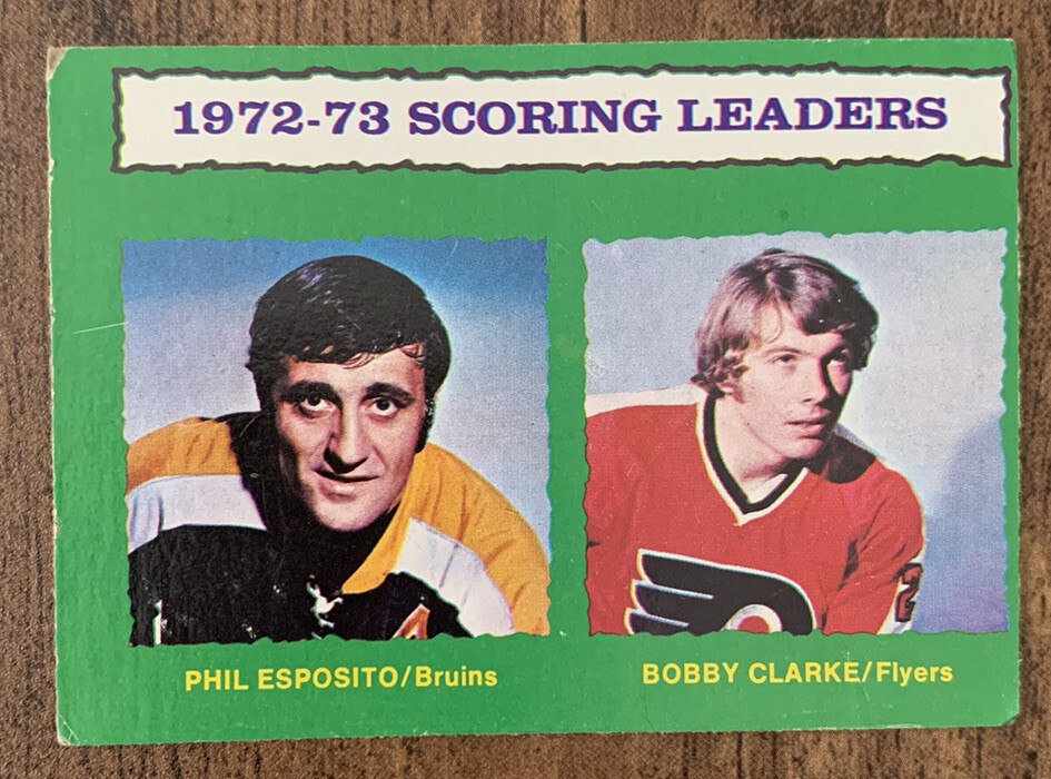 1973-74 O-Pee-Chee Hockey Card #135 Scoring Leaders Phil Esposito Bobby Clarke