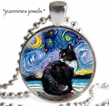 Starry Night Tuxedo Cat Necklace Impressionist Art Print Silver Charm Pendant