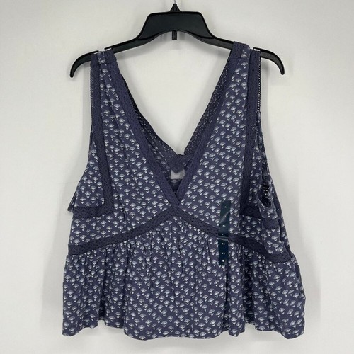 Lucky Brand Women's Geo Lace Trim V-Neck Crop Tank Top Blue Multi Size XL NWT - Foto 3 di 6