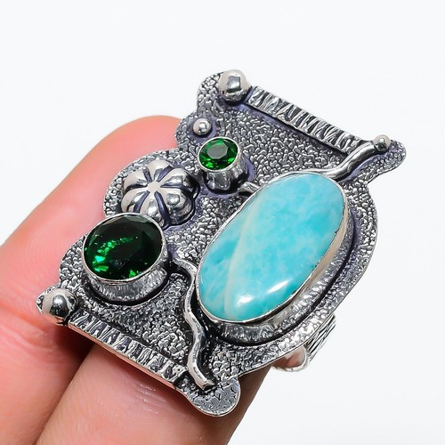 Amazonite, Diopside Gemstone 925 Sterling Silver Gift Jewelry Ring Size 7.5 B099