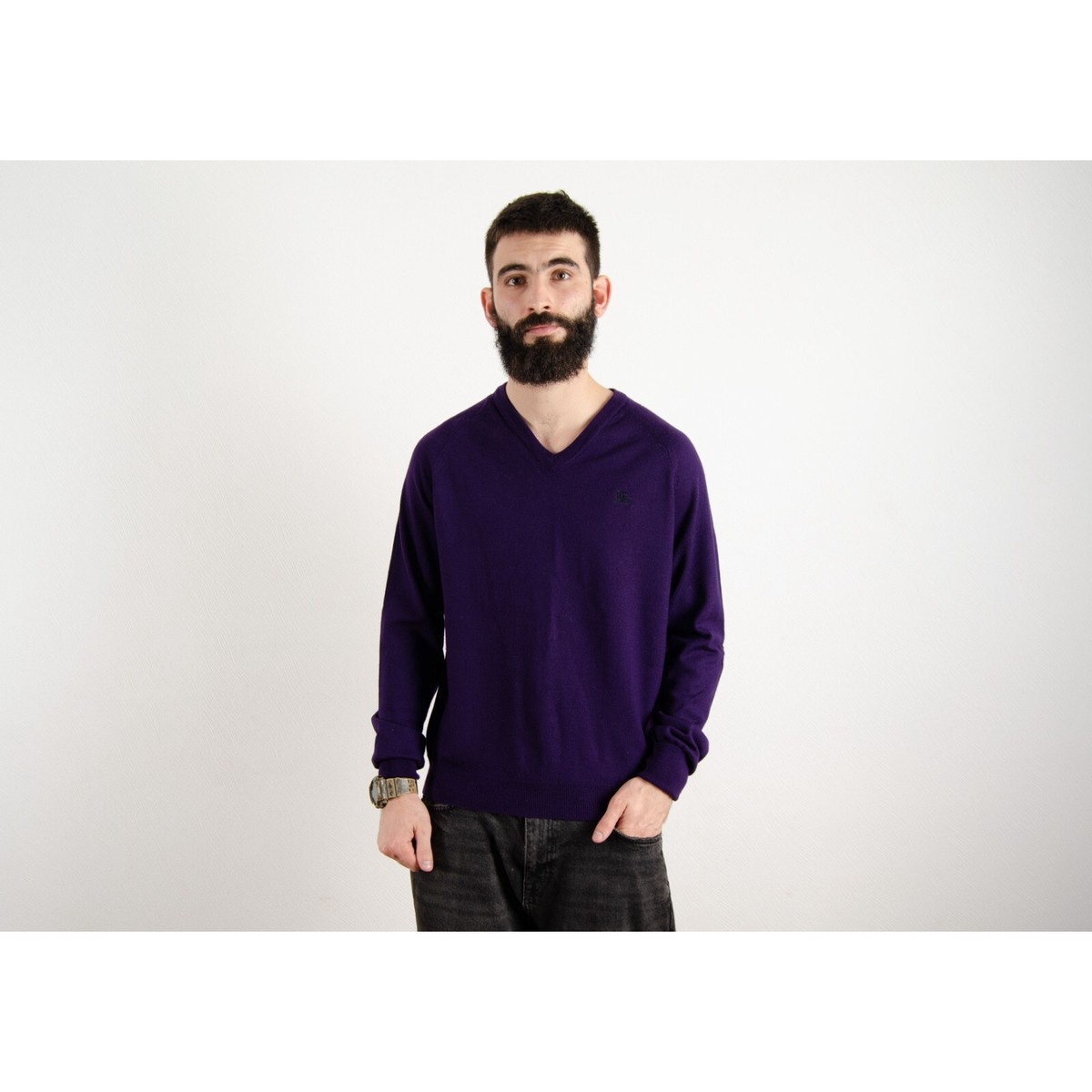 Burberry Brit Men's Purple V Neck Wool Sweater Pullover L UK