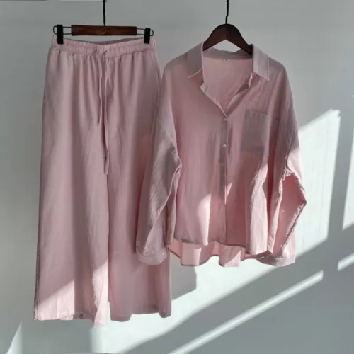 Women Lady Summer Solid Color Cotton Linen Suit Lapel Long Sleeve Top Leg Pants - Bild 27 von 42