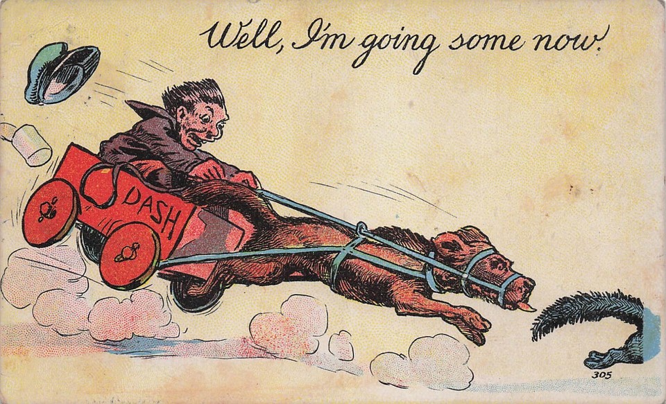 A bizarre vintage postcard of a dog racing a cat in a tiny cart with an exaggerated tail — genuinely strange folk-art energy that you can't find on Etsy.
