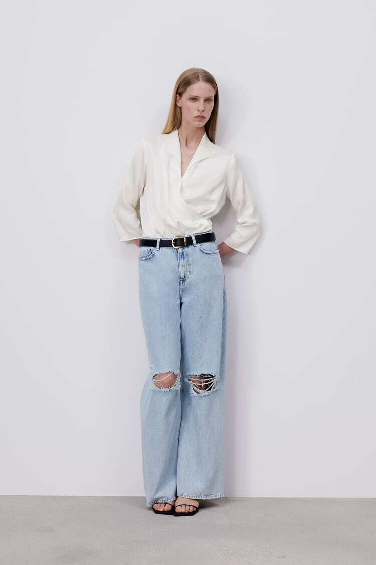 Zara Z1975 Ripped Wide-Leg Jeans Light Blue Blogger Fave