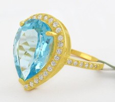GENUINE 3.20 Cts BLUE TOPAZ  WHITE SAPPHIRES RING 14k YELLOW GOLD PLATED .925 