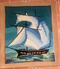 Vintage Needlepoint Sailing Ship Wool on Canvas 28x32" Tall Handmade