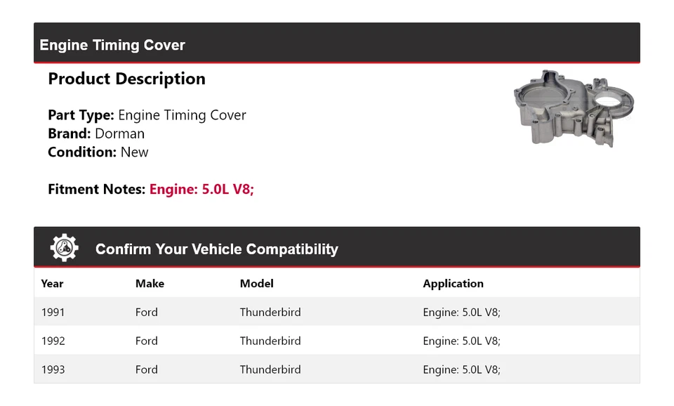 Cubierta de distribución del motor Dorman V8 V8 1992 para Ford Thunderbird 1991-1993 Foto 2 de 4