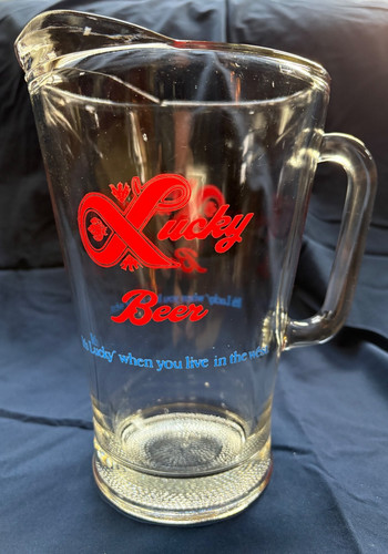 Lucky Beer glass pitcher, heavy-duty, vintage 70s/80s