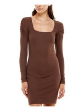ULTRA FLIRT Womens Body Con Short Dress Brown Long Sleeve Square Neck Juniors XS