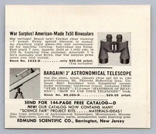 1961 Edmund Scientific Co: Vintage Print Ad War Surplus Binoculars & Telescope
