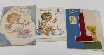 Vintage 50s Baby 1st Birthday Cards Lot 3 Hallmark Buzza Felt Number One Used w/