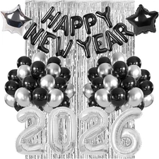 New Years Eve Party Supplies 2026, Black Silver New Year Decorations 2026 with H