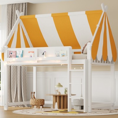 Full Size Loft Bed with Canopy, LED Lights & Book Shelf, White
