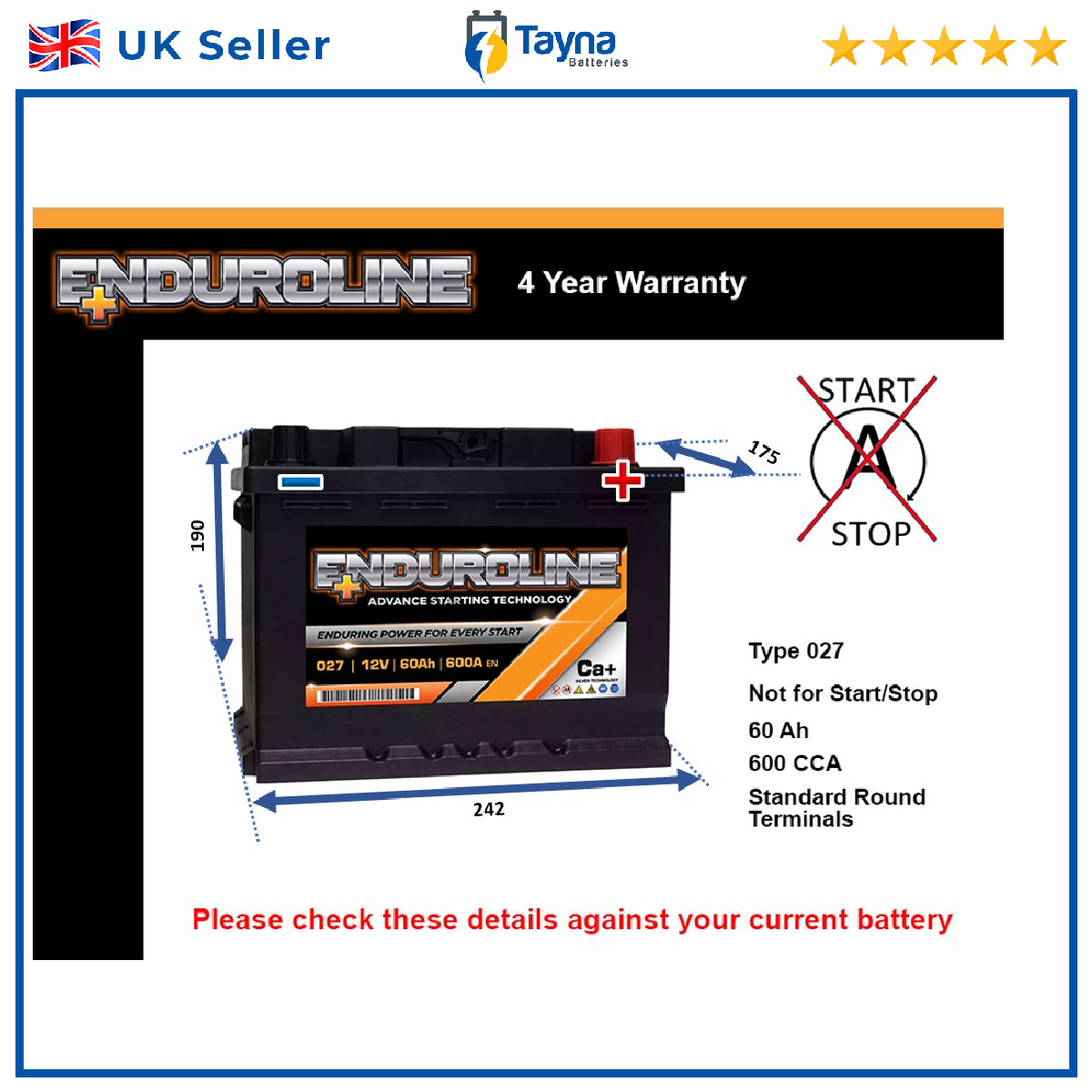 Battery fits CITROEN BERLINGO MULTISPACE C4 CACTUS C2 NEMO 027 540A New