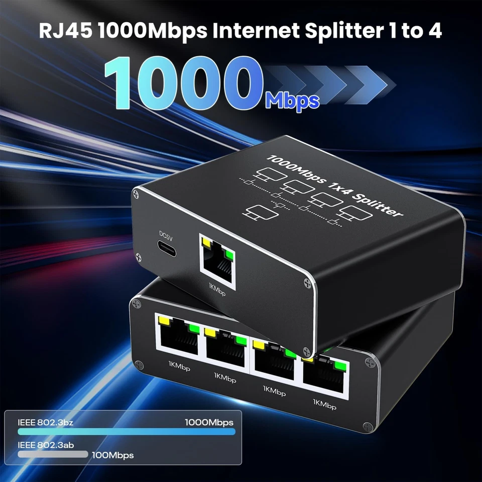 4 Port LAN Splitter 1 auf 4 Gigabit Ethernet Switch Port Netzwerk Kabel Verteil - Bild 2 von 4