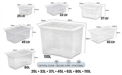 4L/25L/32L/45L/62L/80L/110L klein-extra groß klar Kunststoff Aufbewahrungsbox mit Deckel