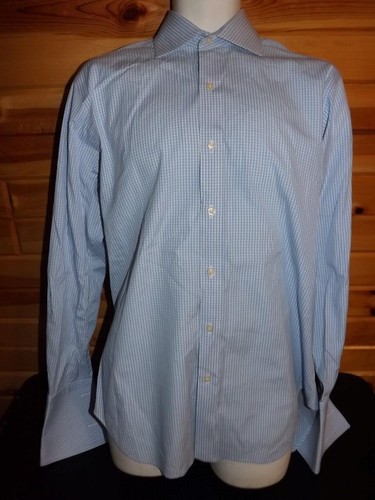 T.M. Lewin Jermyn Street 15.5 - 33 French Cuffed Blue Checked Cotton Dress Shirt - Picture 1 of 5