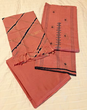 Pink Cotton Linen Embroidered Unstitched Suit Set 3 Pc Kurta Dupatta Fabric