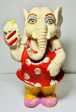 Vtg 1983 Lucky White Elephant Coin Bank, Polka Dot Dress Small World Import 