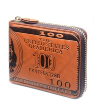 Mens US Dollar Bill Zip Around Bifold Wallet Leahter Card Credit Holder Brown