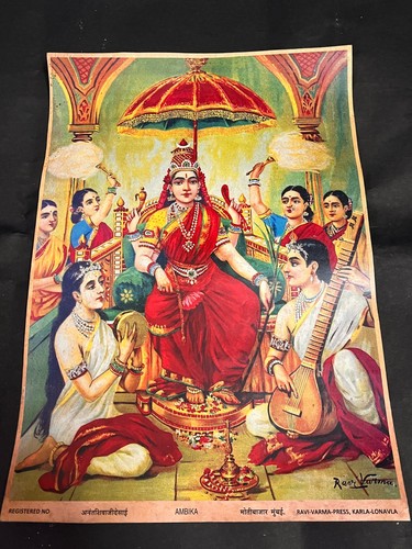 Vintage Ravi Varma Press Lithograph Print Hindu Goddess Ambika Rare Colle