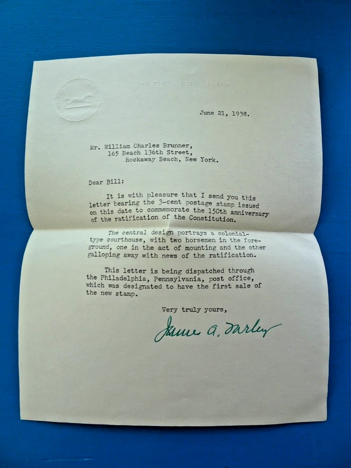 Farley FDC 835 Williamsburg 1938 Official Postmaster Stationery SIGNED Enclosure - Image 3 of 4