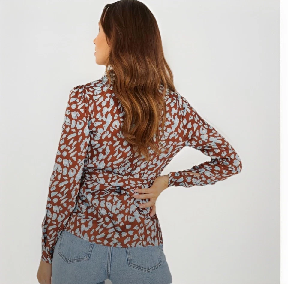 Викторина женщин размер 10 коричневый животных печать атласный надежном блузка v-образным вырезом длинным рукавом - Изображение 2 из 4