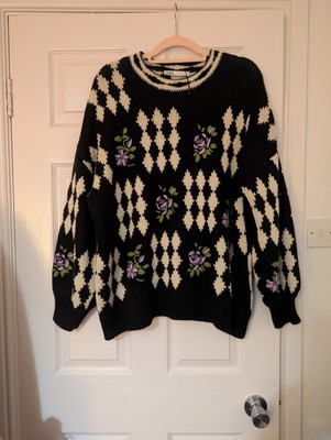 ZARA Jacquard-Strickpullover schwarz und ecru bestickt Größe L