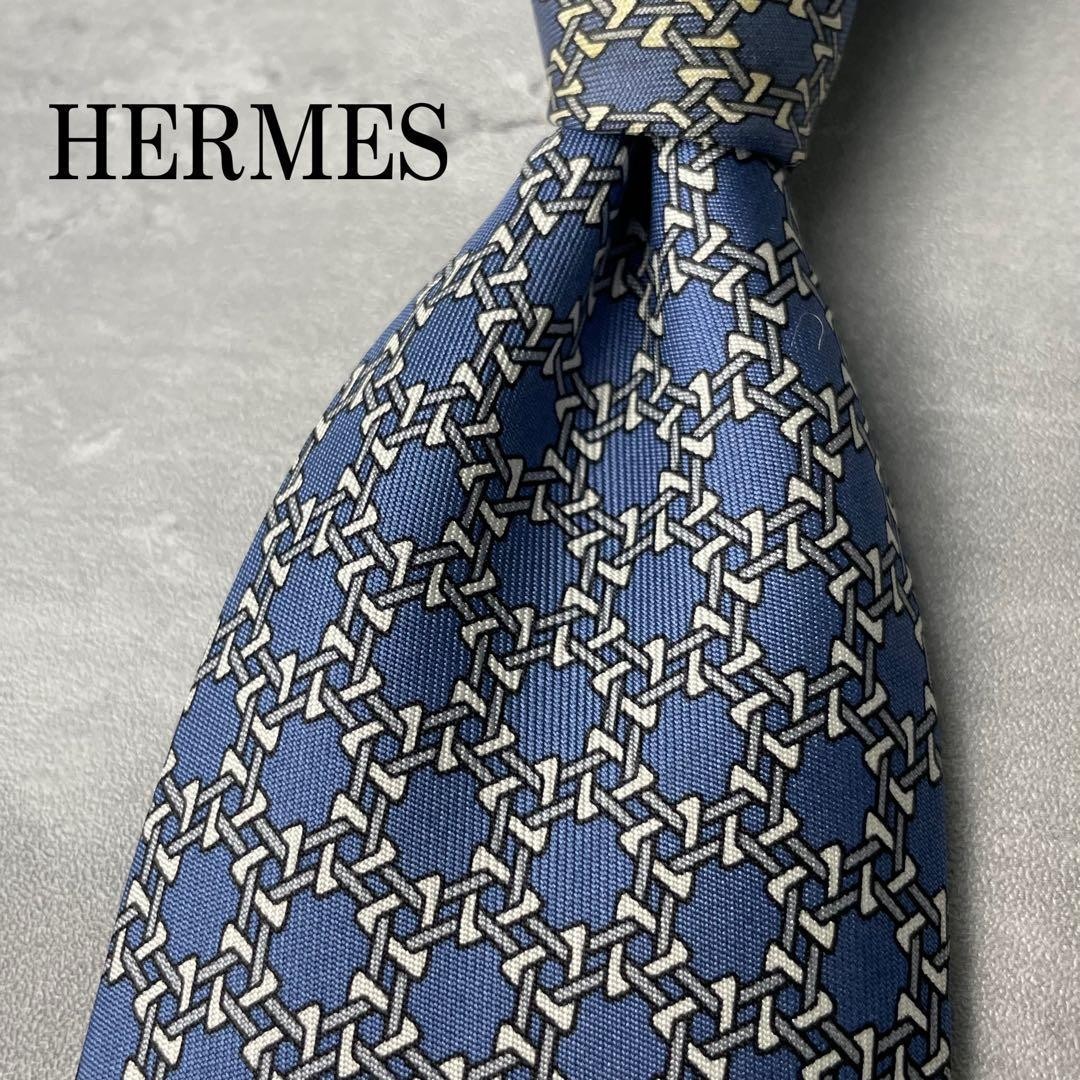 Hermes Hexagonal Dot Pattern Chain Tie Blue Silk … - image 1