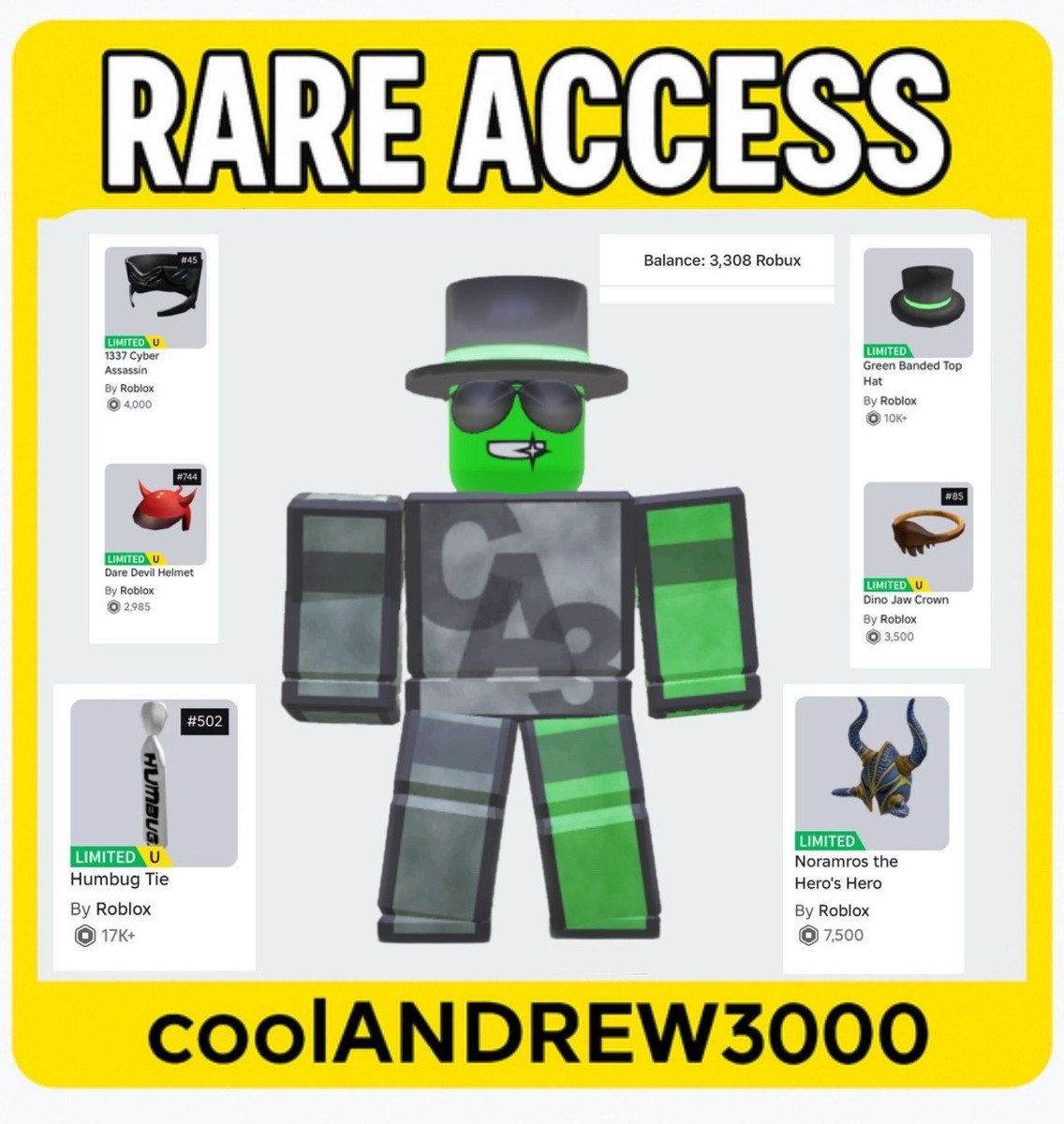 Rare Roblox Access Humbug Tie Green Banded Top Hat Robux  Collectibles