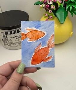 ACEO Original LKZArtCreations Akwarela Kreskówka Błyszcząca złota rybka Doodle Fish