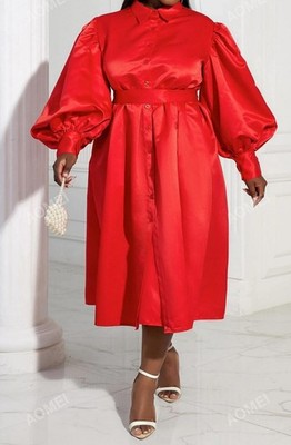 Shirtkleid Puffärmel Falten - Rot - 1XL / 46
