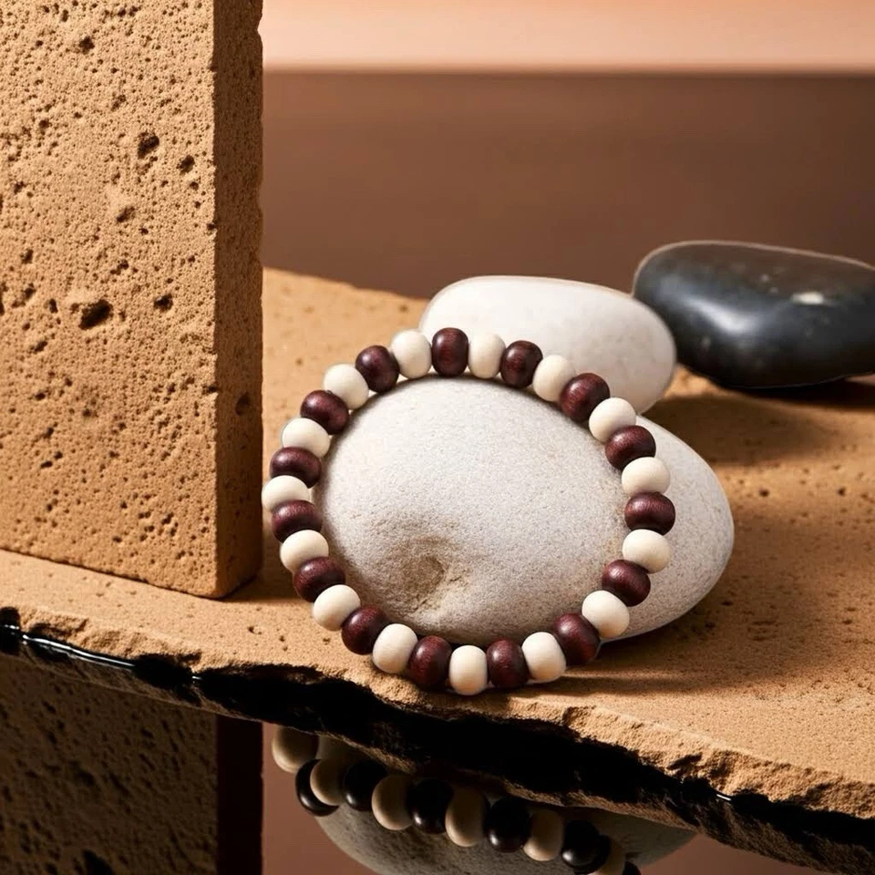PULSERA BOHEMIA DE MADERA EN BLANCO Y MARRÓN 16/17cm - Imagen 3 de 4