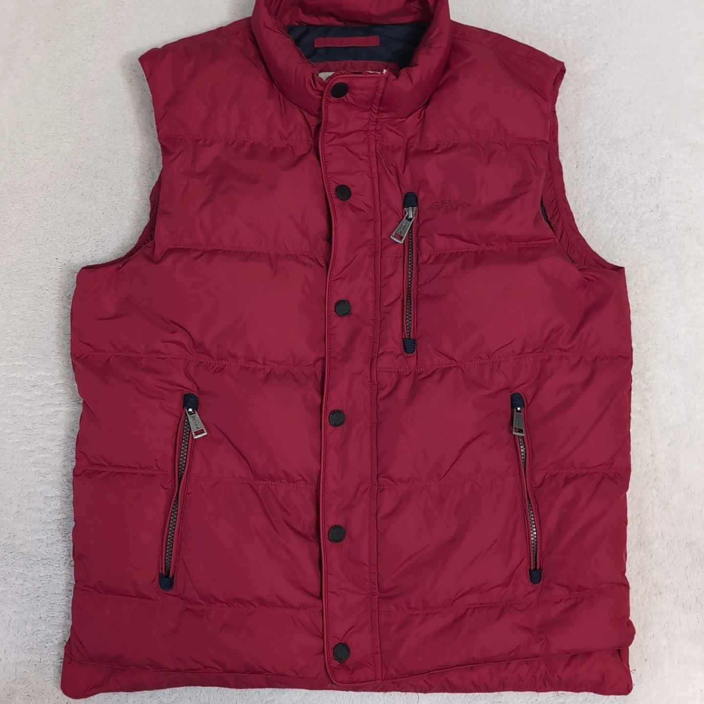 ORVIS Mens M Duck Down Nylon Puffer Vest Red Button Front Zipper Pockets