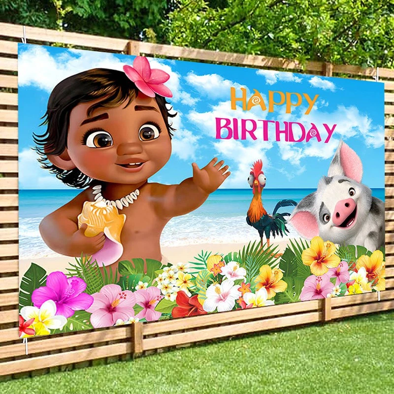 Baby Moana Backdrop Flower Beach Happy Birthday Party Photo Background Banner - Image 2 of 4
