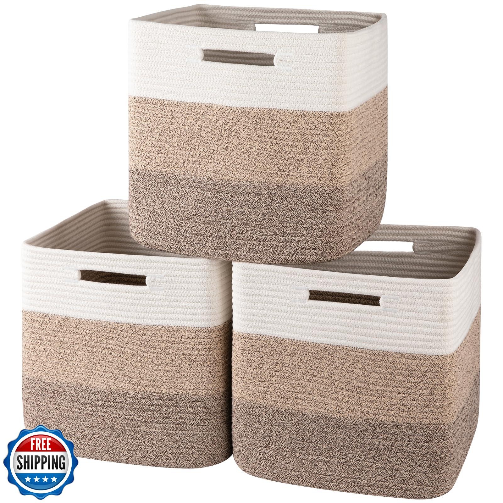 OIAHOMY 13 Inch Kallax Cube Storage Bins 3-Pack Cotton Rope Woven Baskets for Shelves